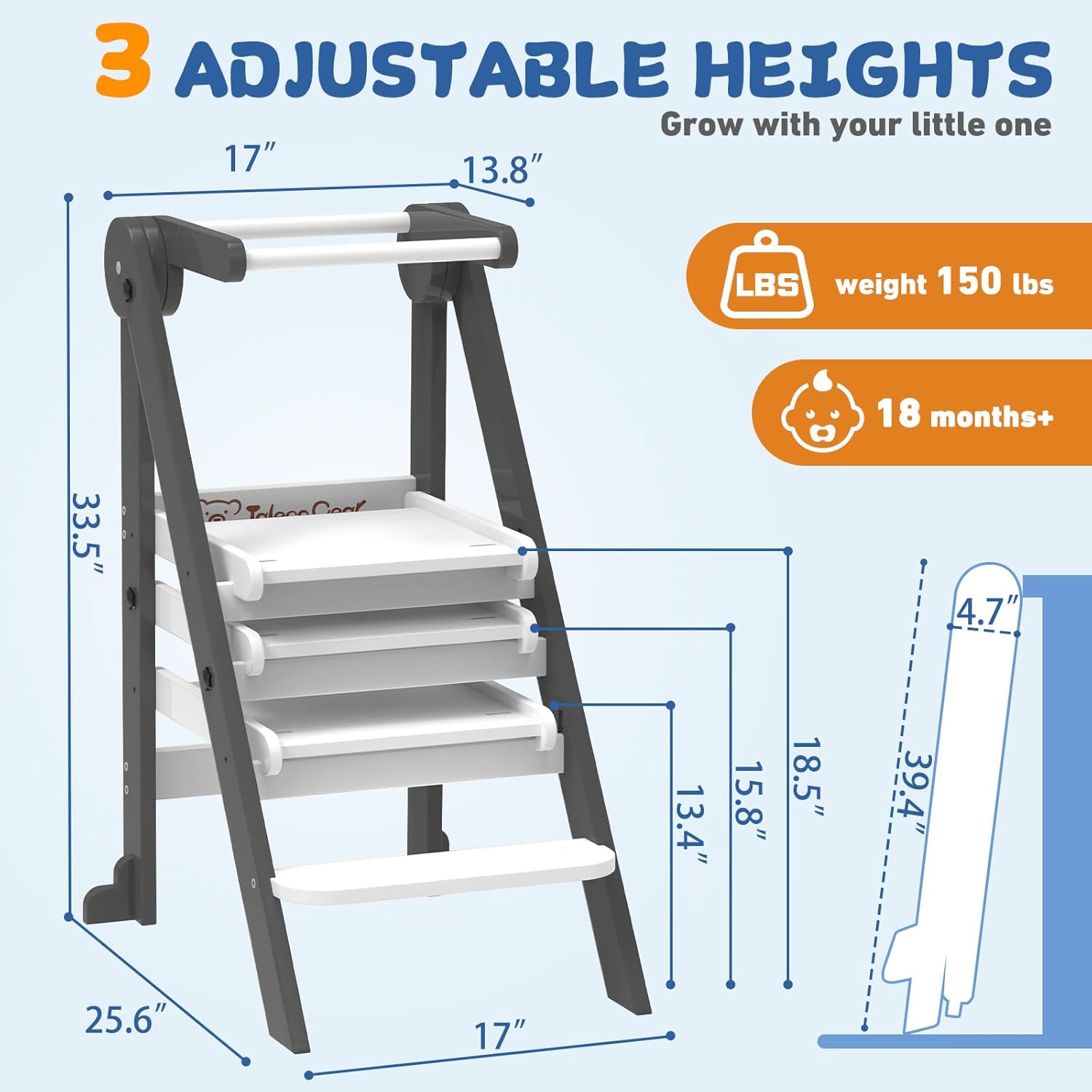 Foldable Toddler Tower, Toddler Kitchen Stool Helper with Safety Net, Wooden Kitchen Step Stool for Toddlers with Adjustable Height, Standing Tower for Learning and Cooking(Blue)